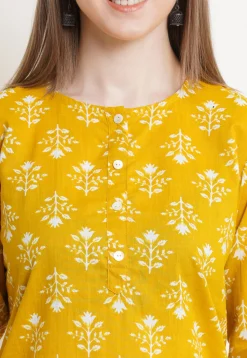 Printed Cotton Straight Kurta Salwar Set in Mustard