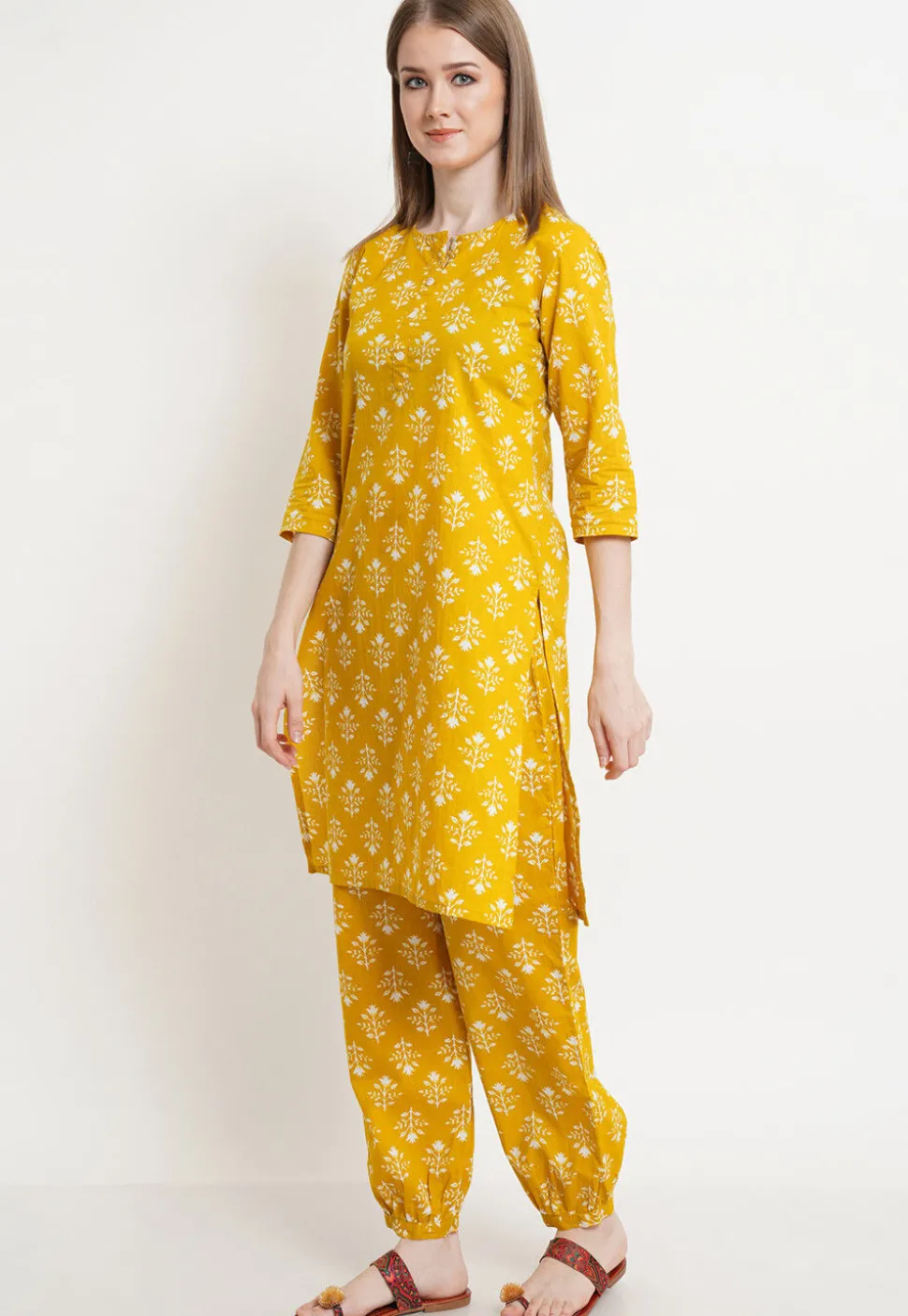 Printed Cotton Straight Kurta Salwar Set in Mustard