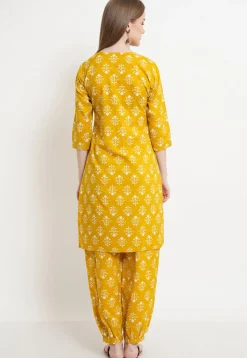 Printed Cotton Straight Kurta Salwar Set in Mustard