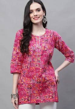 Printed Cotton Straight Kurti in Pink