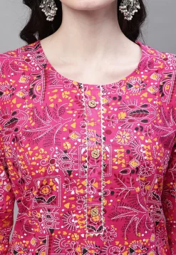 Printed Cotton Straight Kurti in Pink