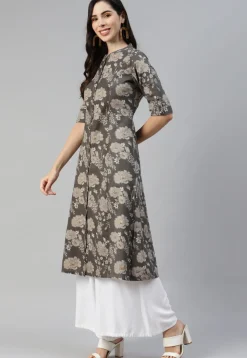 Printed Cotton Straight Kurta in Charcoal Black