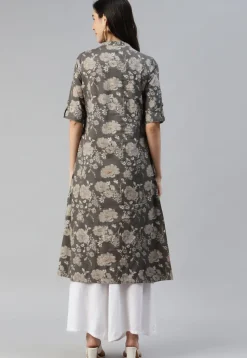 Printed Cotton Straight Kurta in Charcoal Black