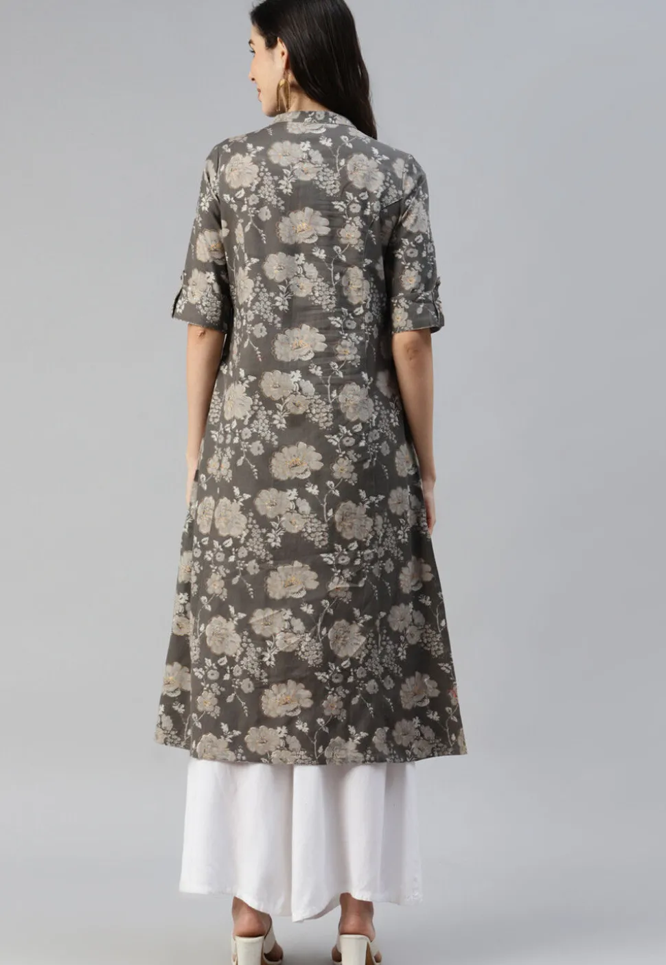 Printed Cotton Straight Kurta in Charcoal Black