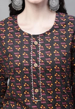 Printed Cotton Straight Kurti in Black