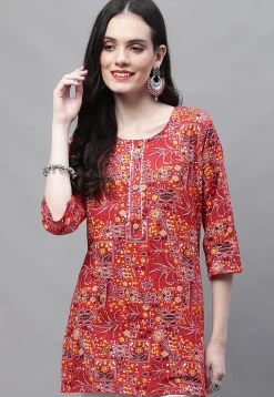 Printed Cotton Straight Kurti in Red