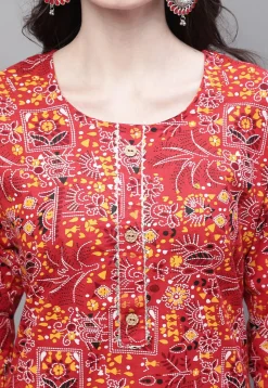 Printed Cotton Straight Kurti in Red