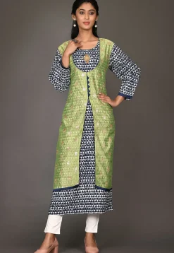 Printed Cotton Straight Kurta in Navy Blue and Blue