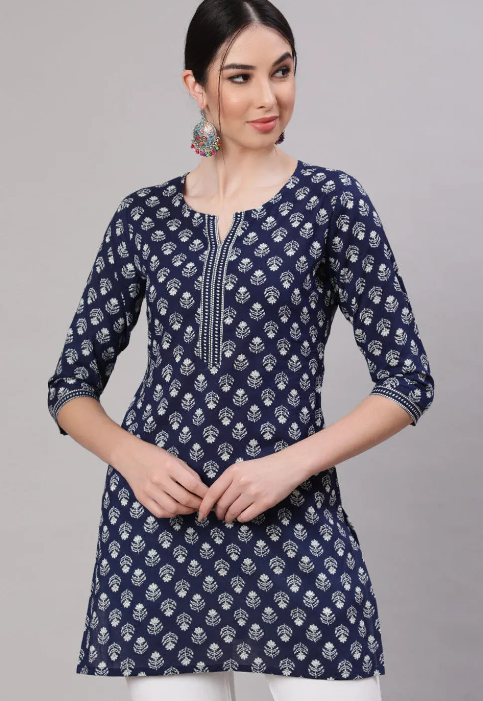 Printed Cotton Straight Kurti in Navy Blue