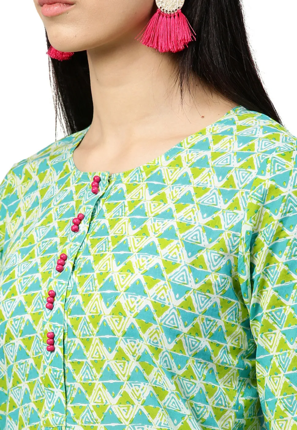Printed Cotton Straight Kurta in Light Green