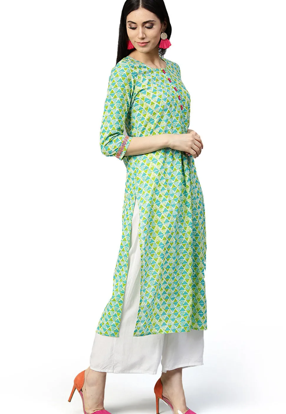 Printed Cotton Straight Kurta in Light Green