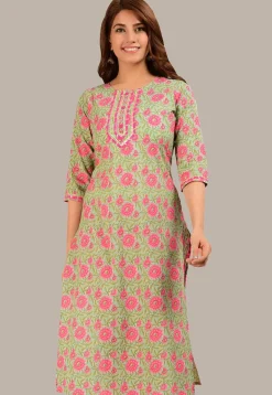 Printed Cotton Straight Kurta in Light Green