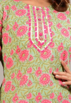Printed Cotton Straight Kurta in Light Green