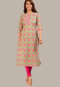 Printed Cotton Straight Kurta in Light Green