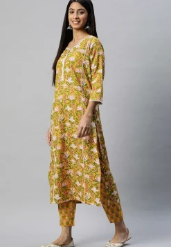 Printed Cotton Straight Kurta Set in Mustard
