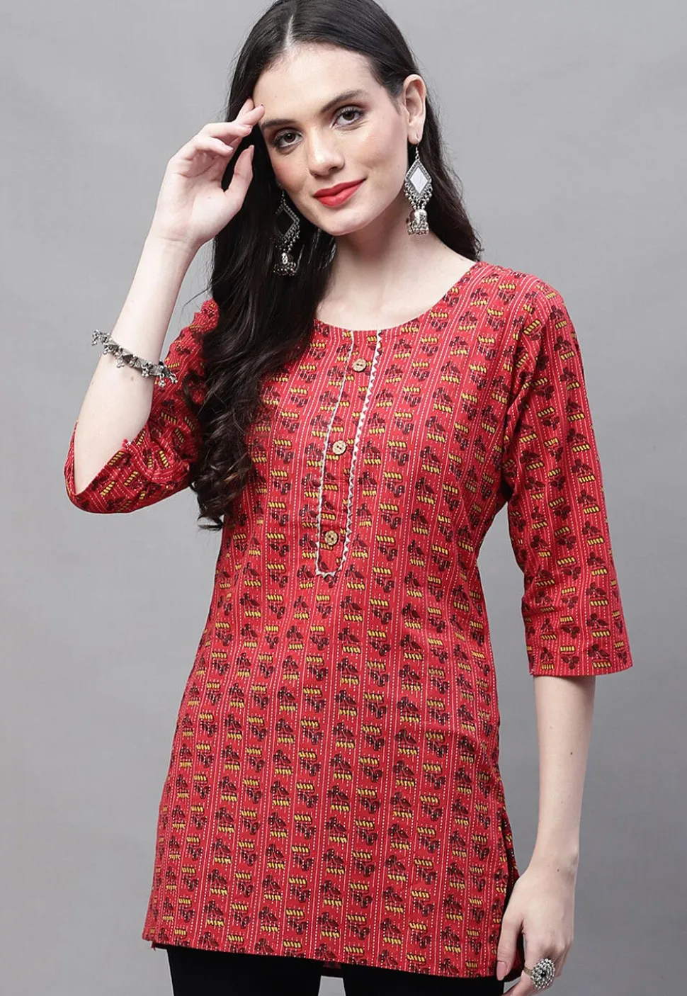 Printed Cotton Straight Kurti in Red