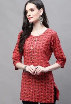 Printed Cotton Straight Kurti in Red