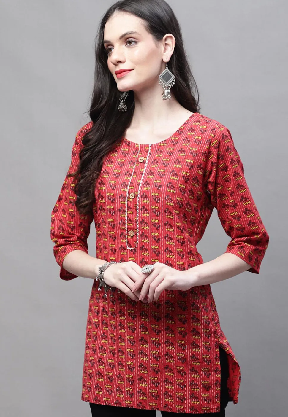 Printed Cotton Straight Kurti in Red