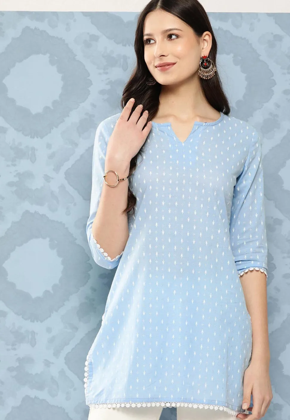 Printed Cotton Straight Kurti in Sky Blue