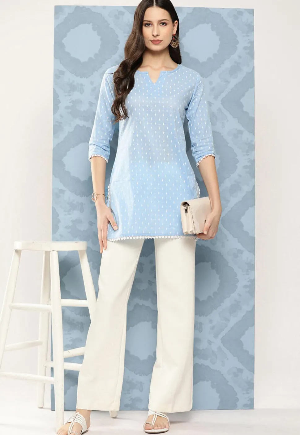 Printed Cotton Straight Kurti in Sky Blue