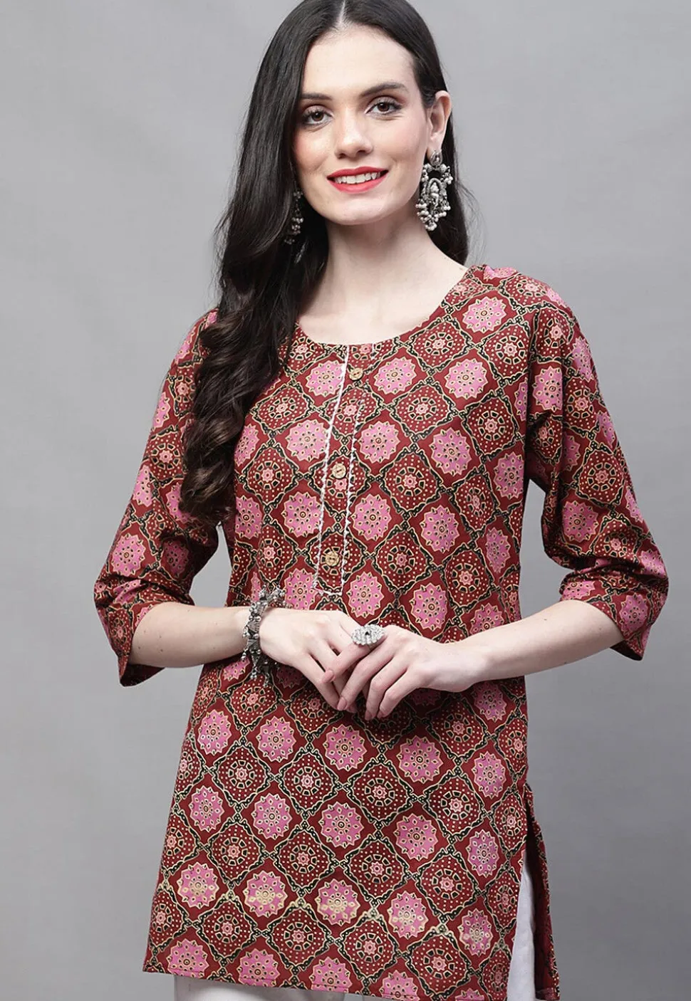 Printed Cotton Straight Kurti in Maroon