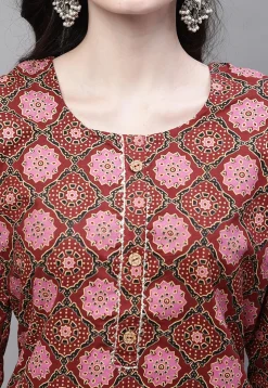 Printed Cotton Straight Kurti in Maroon