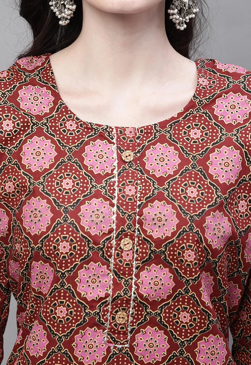 Printed Cotton Straight Kurti in Maroon