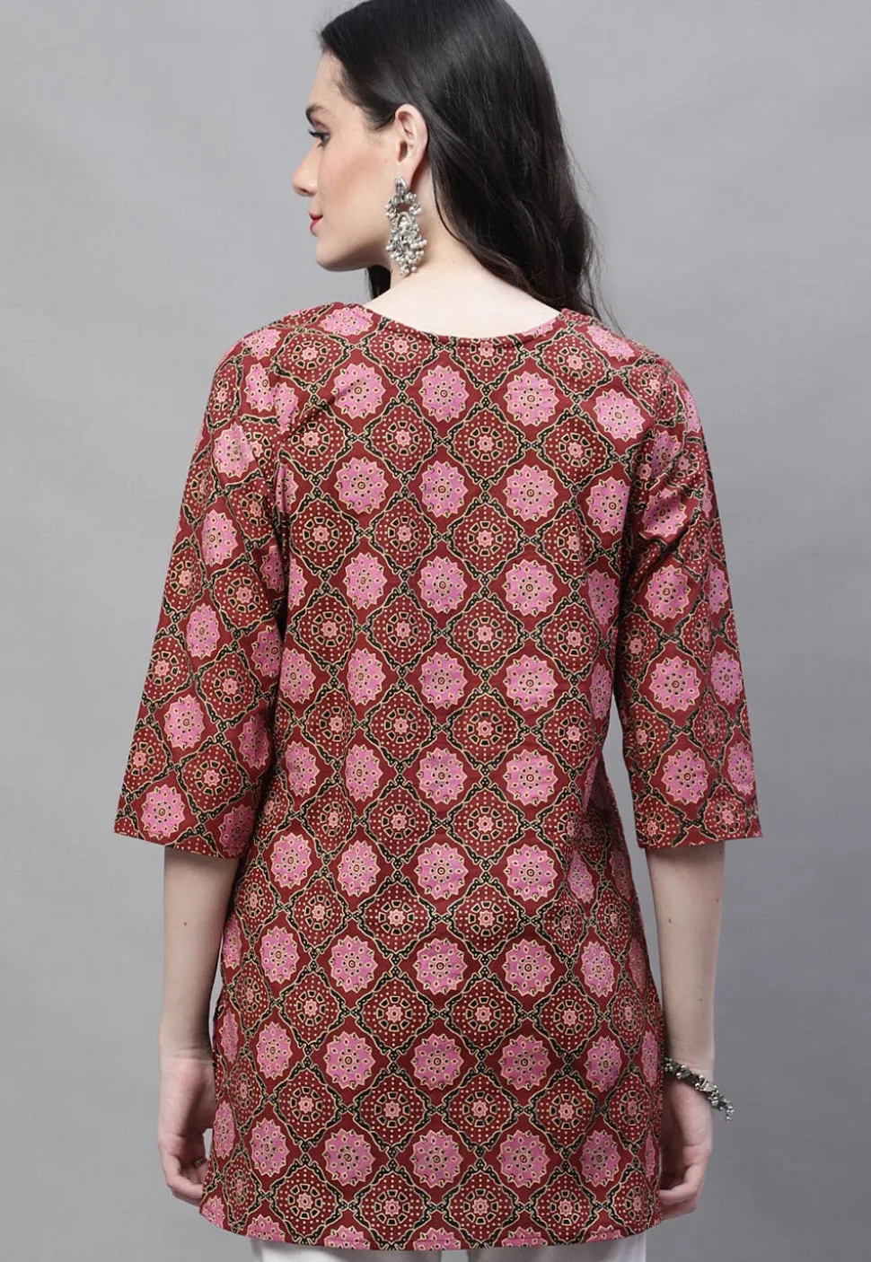 Printed Cotton Straight Kurti in Maroon