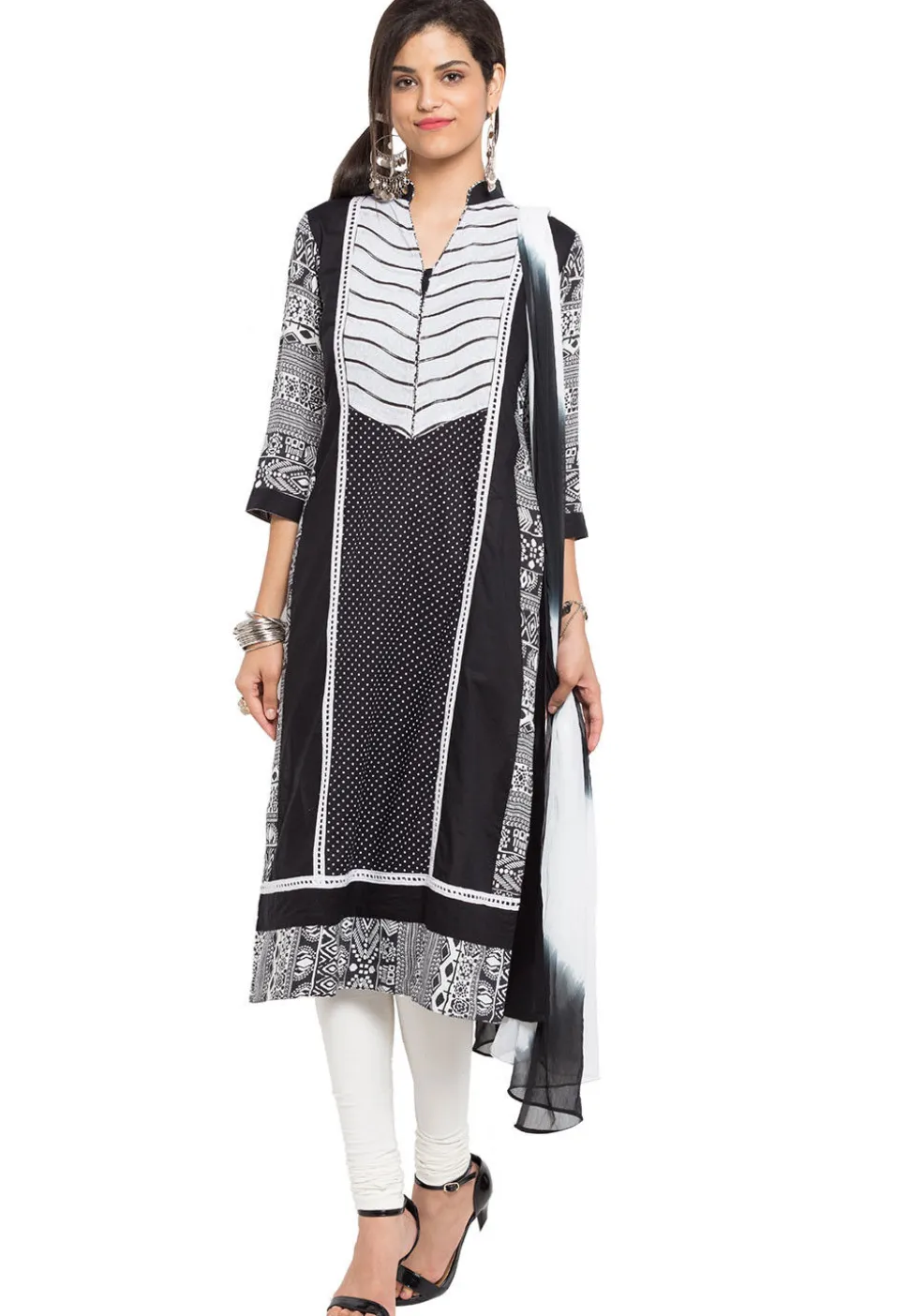 Printed Cotton Straight Suit in Black
