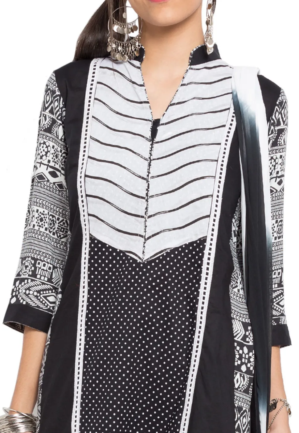 Printed Cotton Straight Suit in Black