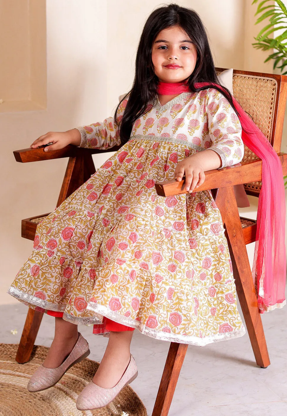 Printed Cotton Tiered Anarkali Suit in Off White