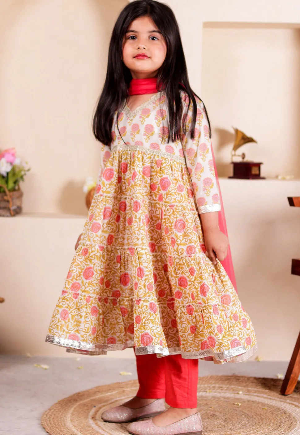Printed Cotton Tiered Anarkali Suit in Off White