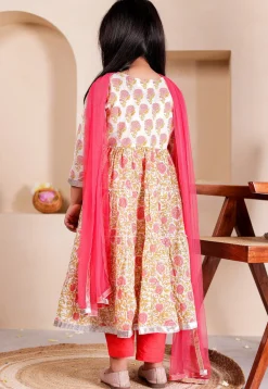 Printed Cotton Tiered Anarkali Suit in Off White