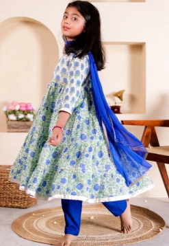 Printed Cotton Tiered Anarkali Suit in Off White