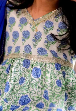 Printed Cotton Tiered Anarkali Suit in Off White