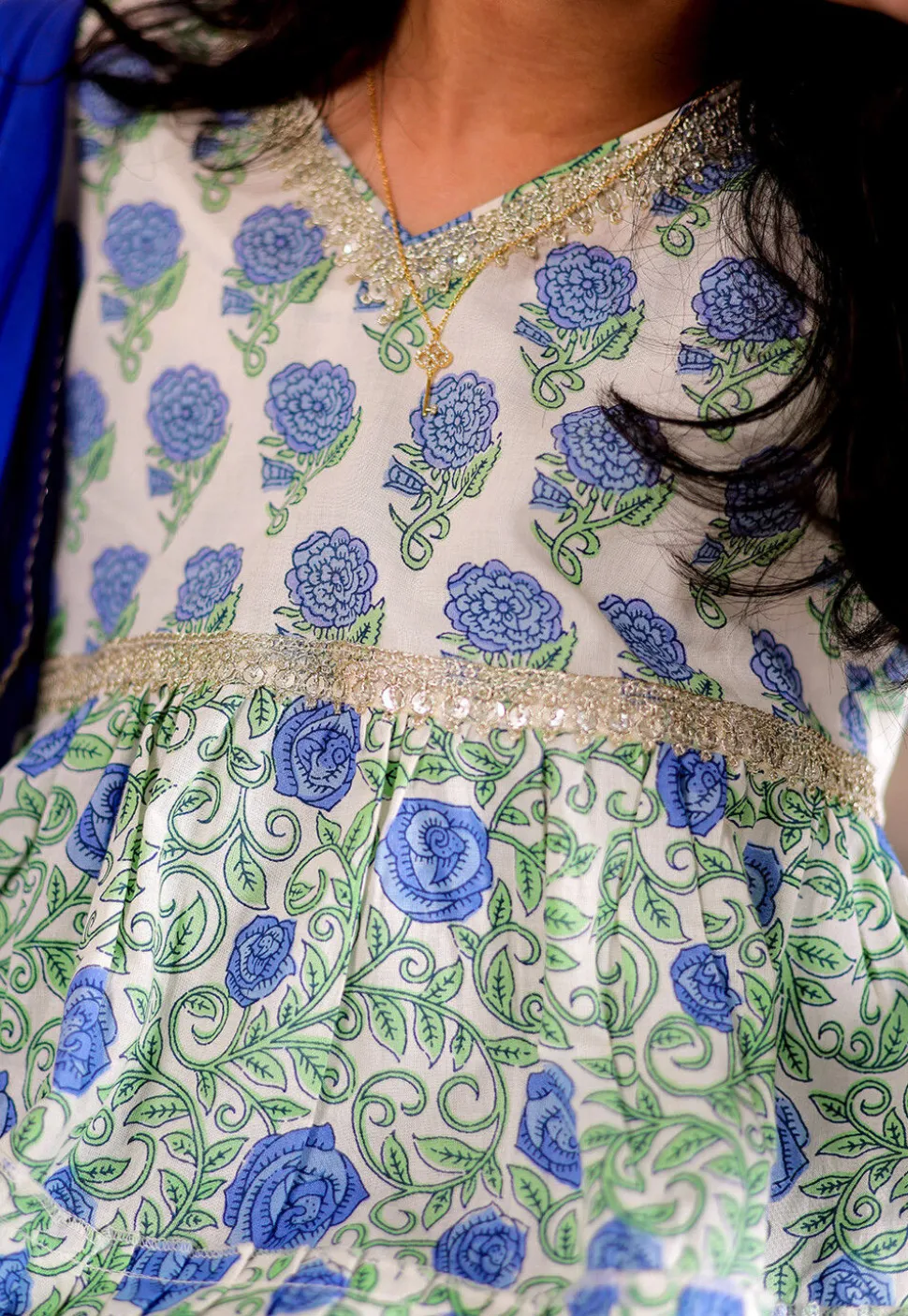 Printed Cotton Tiered Anarkali Suit in Off White