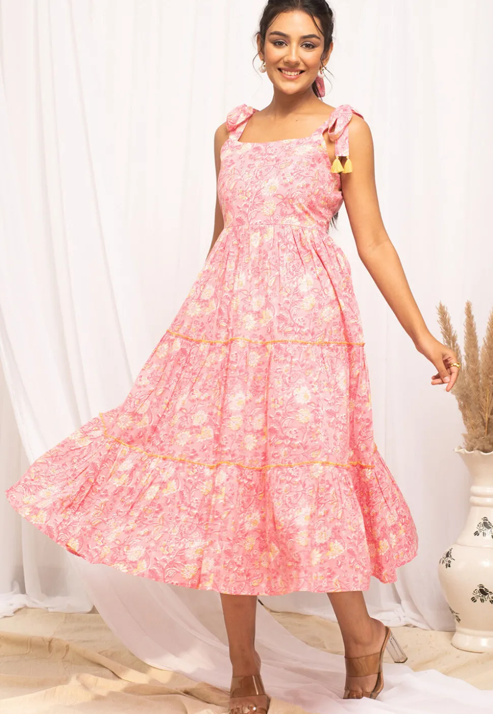 Printed Cotton Tiered Dess in Peach
