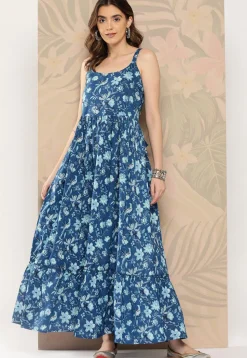 Printed Cotton Tiered Dress in Teal Blue