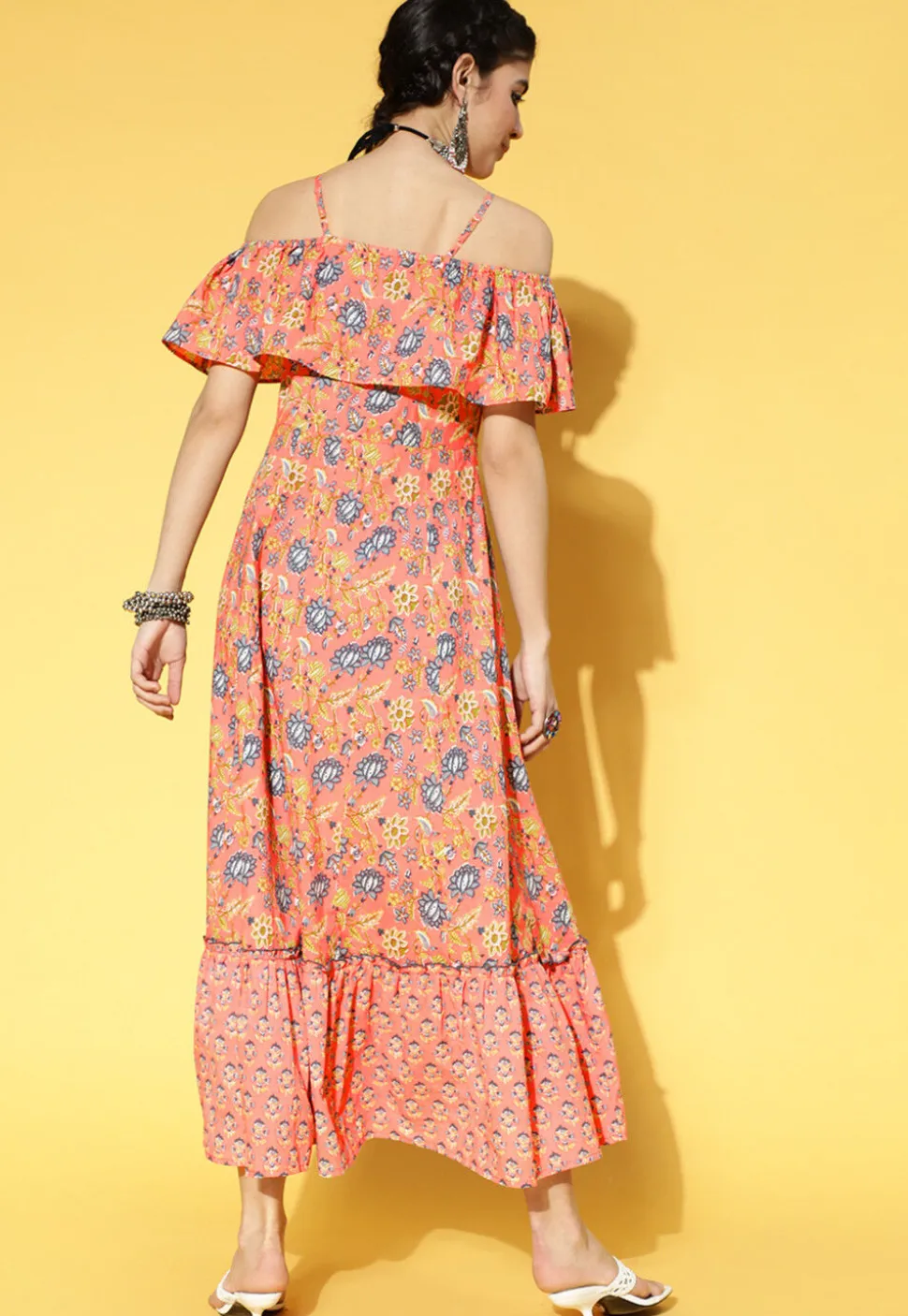Printed Cotton Tiered Dress in Dark Peach