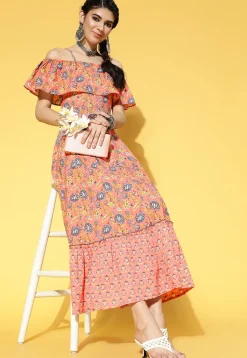 Printed Cotton Tiered Dress in Dark Peach