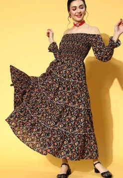 Printed Cotton Tiered Maxi Dress in Black