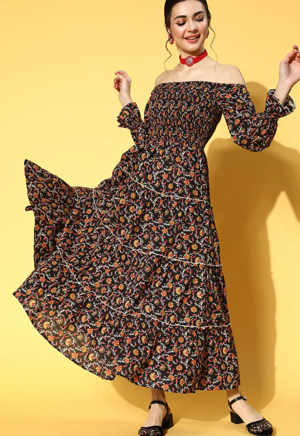 Printed Cotton Tiered Maxi Dress in Black