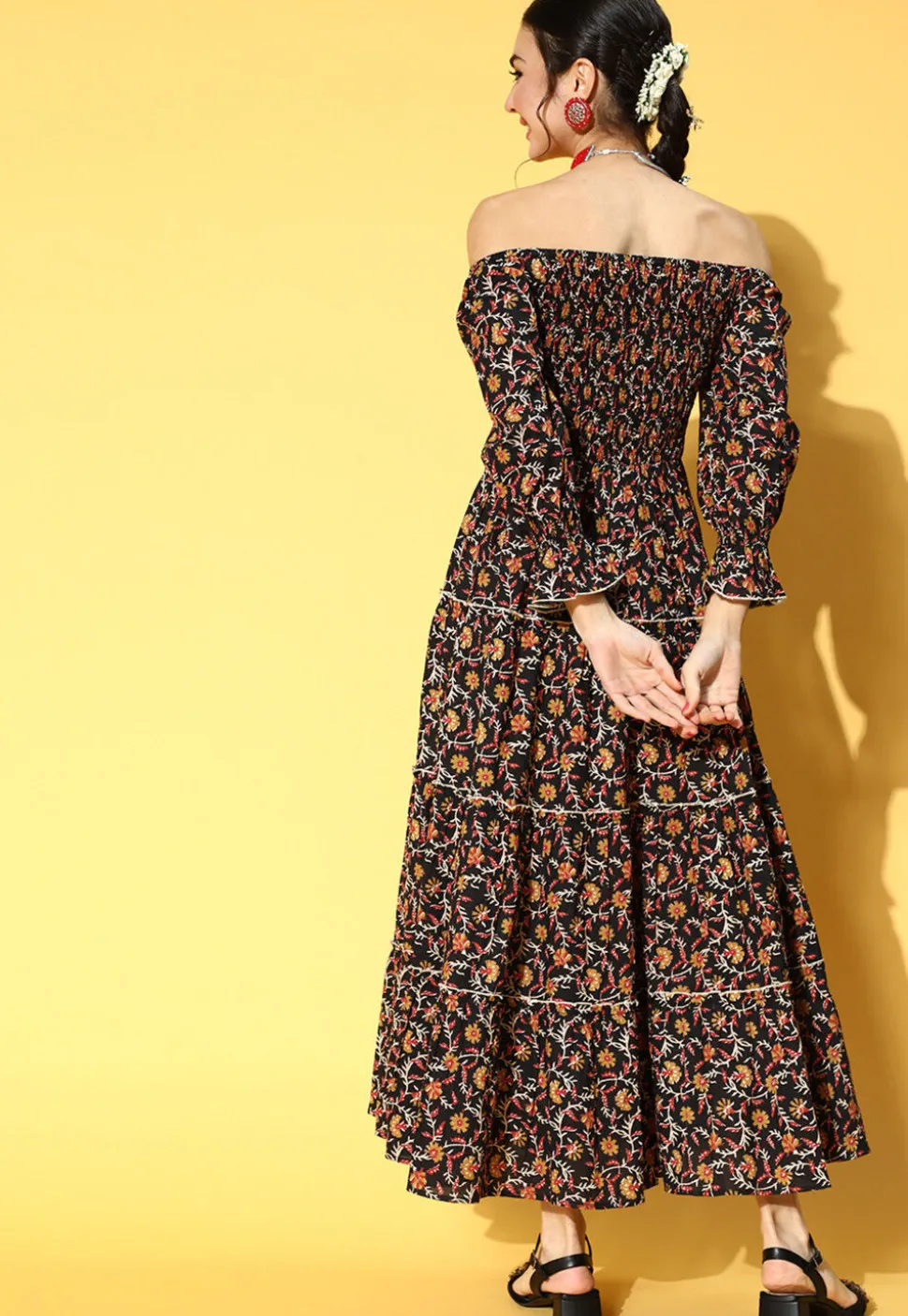 Printed Cotton Tiered Maxi Dress in Black