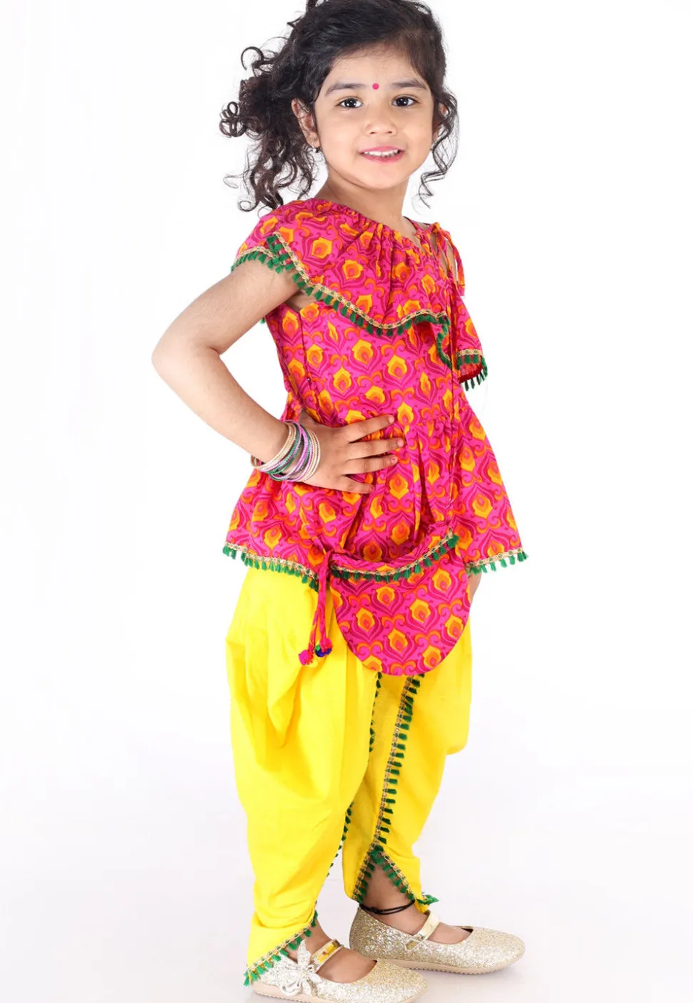 Printed Cotton Top N Dhoti Pant in Pink and Mustard