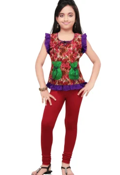 Printed Cotton Top with Leggings in Red and Brown