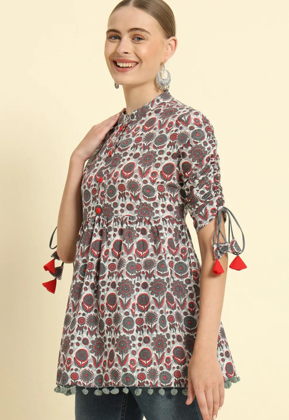 Printed Cotton Tunic in Grey