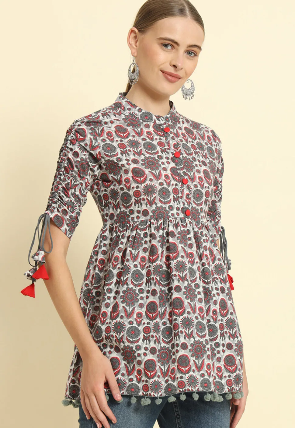 Printed Cotton Tunic in Grey