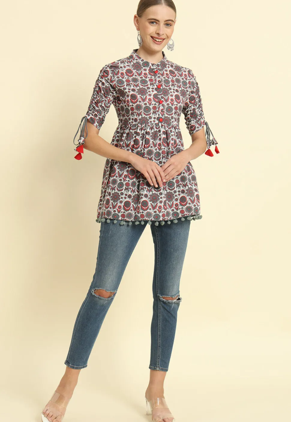 Printed Cotton Tunic in Grey