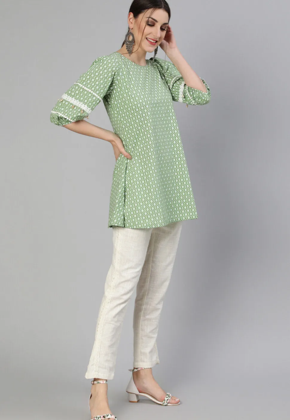 Printed Cotton Tunic in Pastel Green