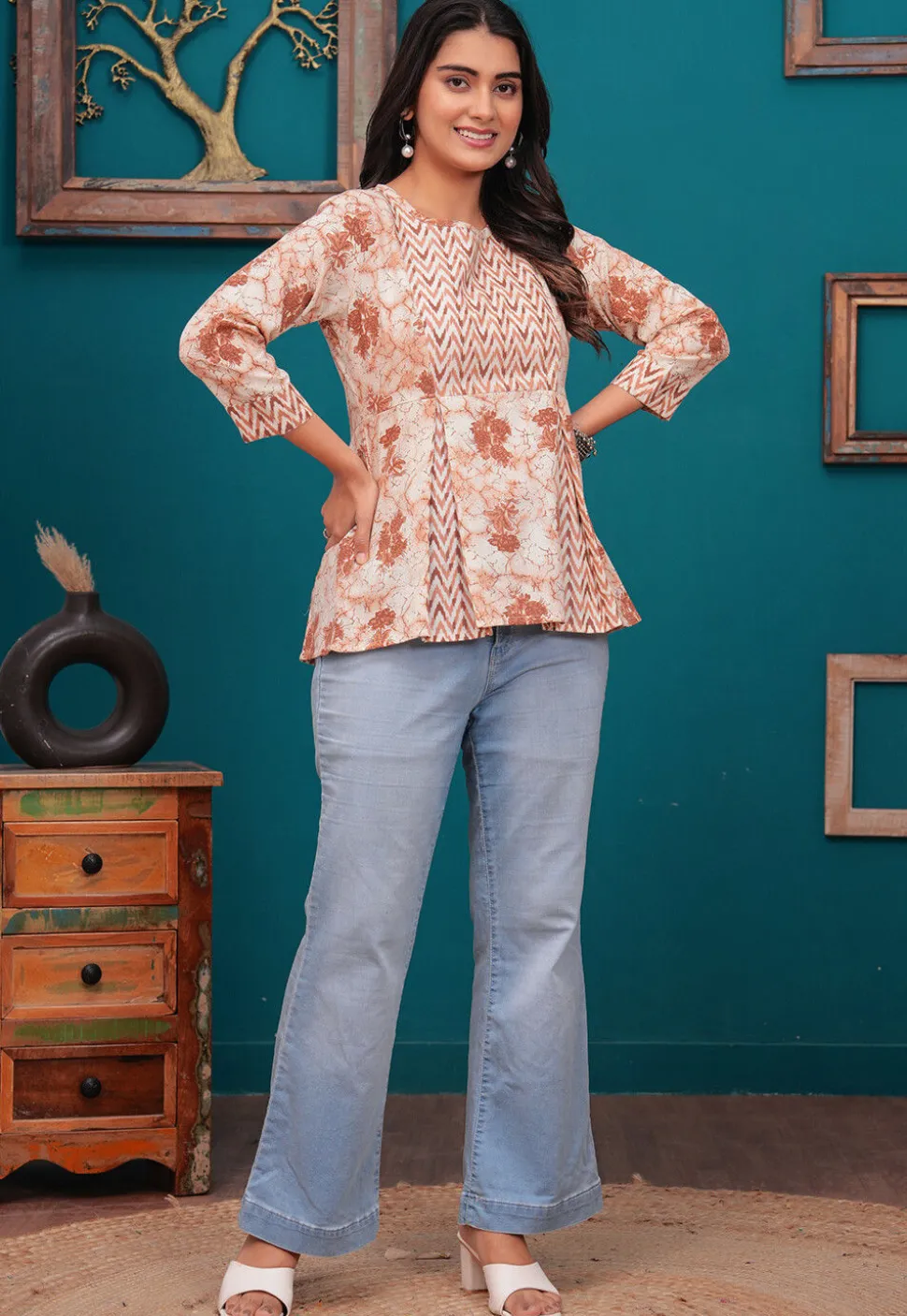 Printed Cotton Tunic in Peach